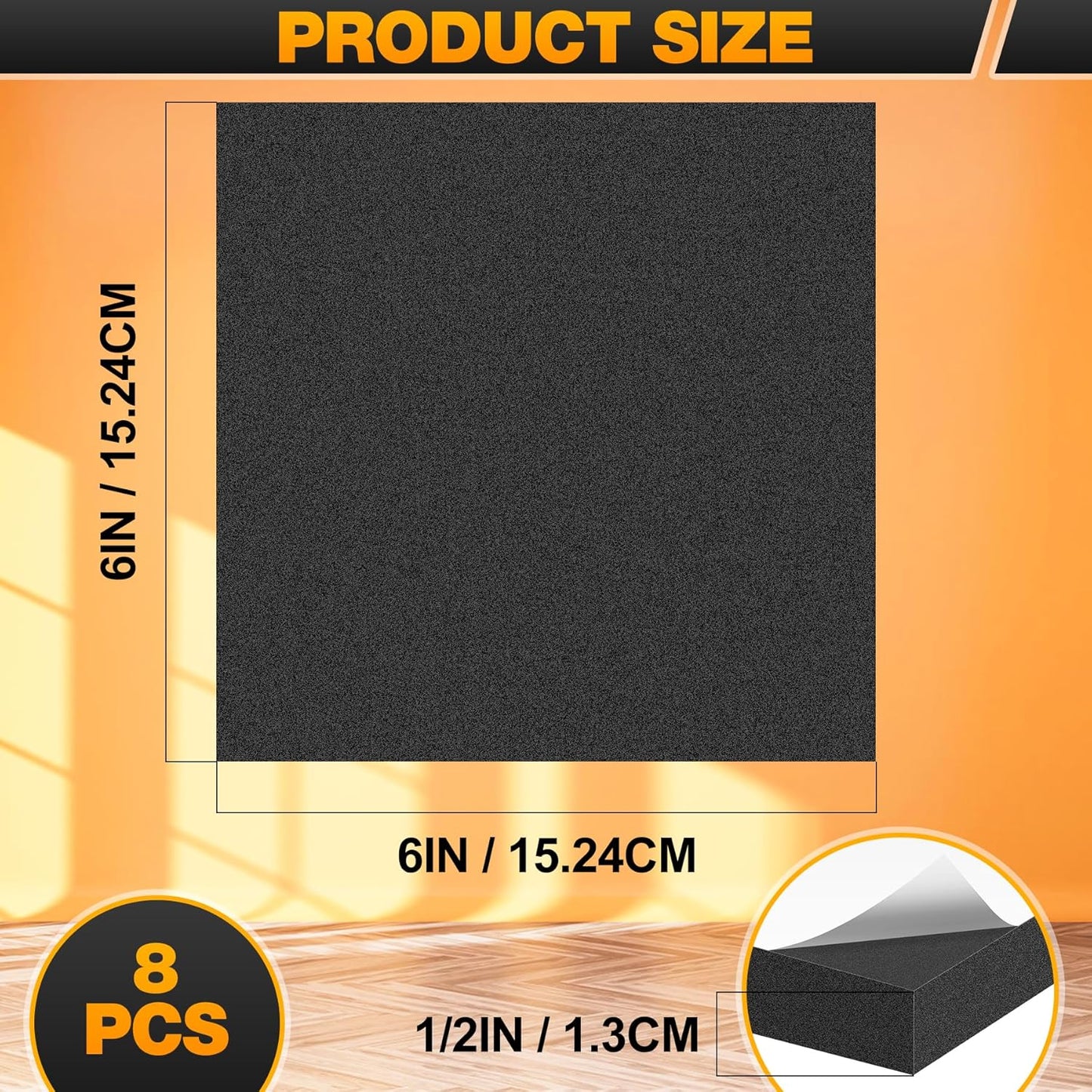 MYFAMIREA 8 PCS Adhesive Foam Padding Sheets Closed Cell Self Adhesive Sticky Foam Pads, 1/2" Thick 6'' x 6'' Neoprene Rubber Sheets Non-Slip Insulation Pads Vibration for Furniture Crafts Cars, Black
