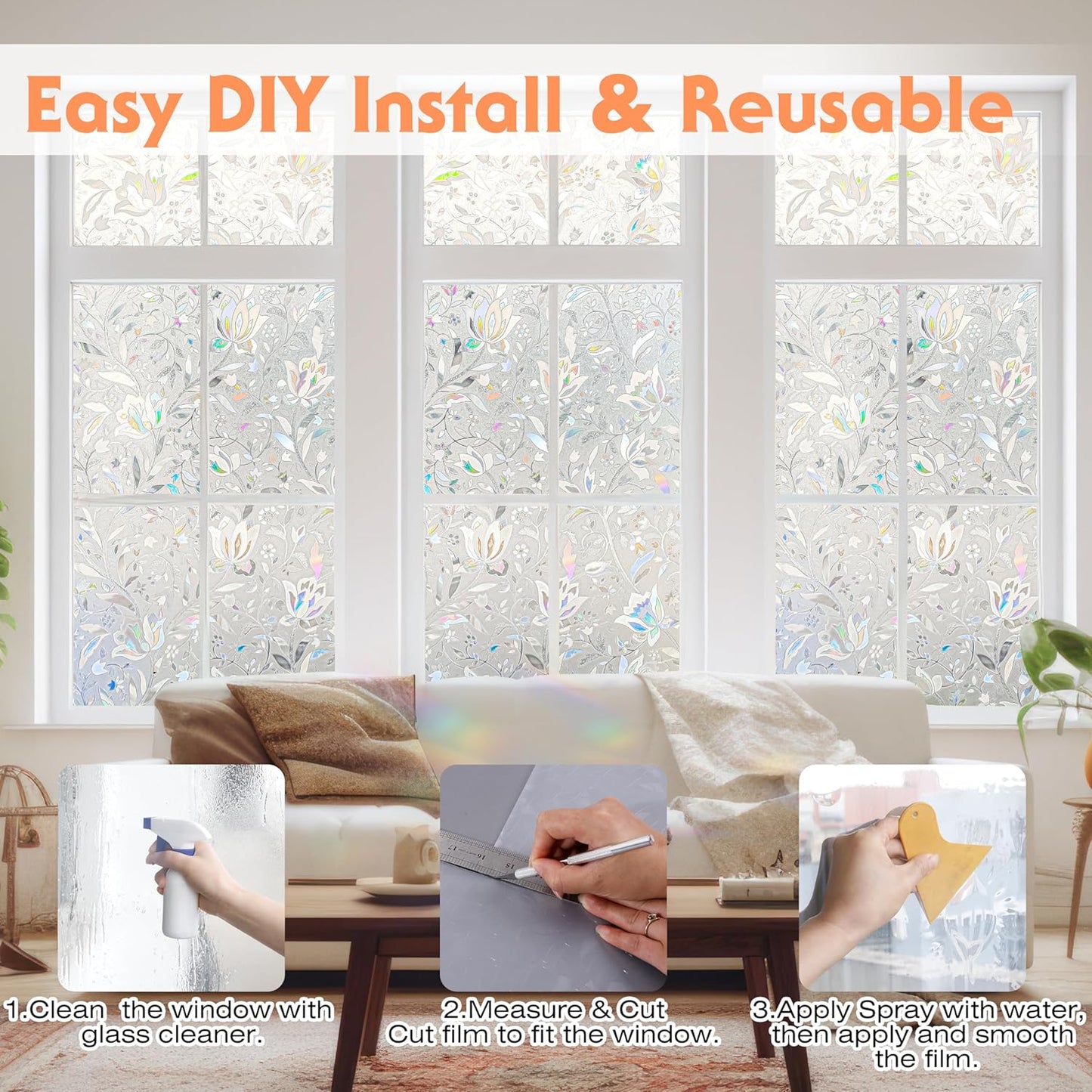 Hilarious Privacy Window Film, Tulip Window Vinyl, Stained Glass Static Stickers, 3D Decorations for Glass Windows, Removable Window Covering, Adhesive-Free Stickers (23.6'' x 118'')