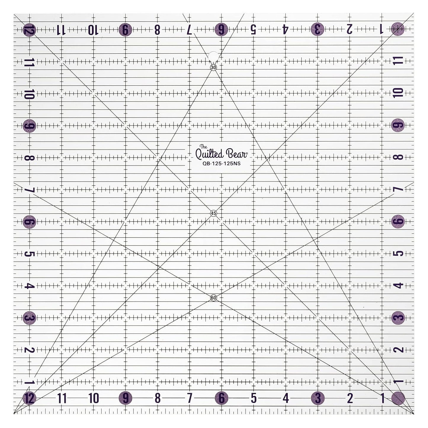 The Quilted Bear Quilting Rulers - Transparent Acrylic Non Slip Quilting, Patchwork & Sewing Ruler with Clear Black Lines & 30, 45 & 60 Degree Angles for Perfect Accuracy & Precision (12.5" x 12.5")