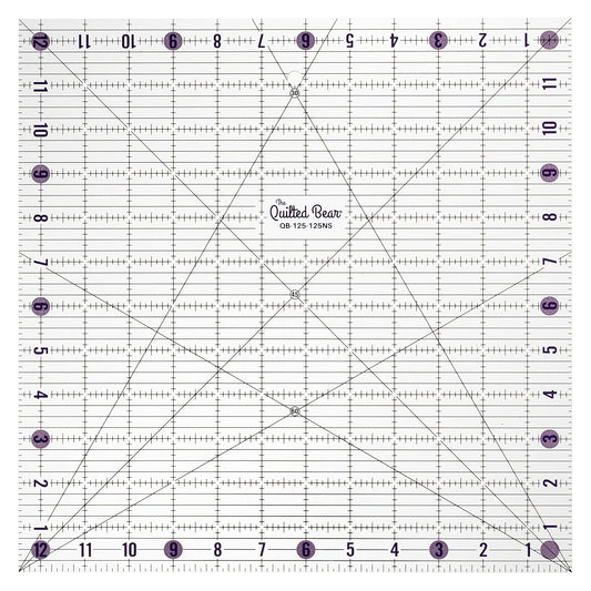 The Quilted Bear Quilting Rulers - Transparent Acrylic Non Slip Quilting, Patchwork & Sewing Ruler with Clear Black Lines & 30, 45 & 60 Degree Angles for Perfect Accuracy & Precision (12.5" x 12.5")