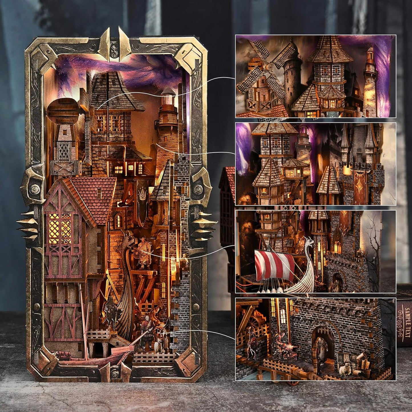 Book Nook Kit - DIY Miniature House Dollhouse Kit for Adults and Teens, Medieval Fantasy Viking Theme Bookshelf Decor 3D Wooden Puzzle Bookend, Gifts for Family, Friends (Voyage Through The Storm)