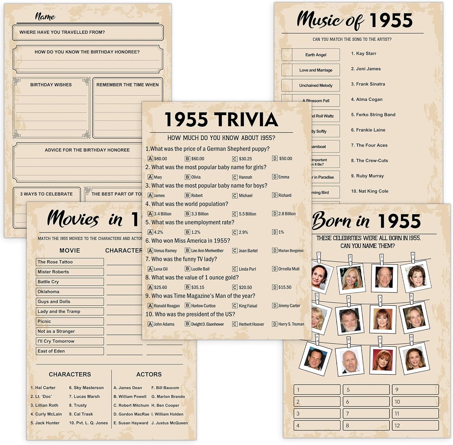 70th Birthday Party Games, Born in 1955 Games Bundle, Set of 5 Activities for 10 Guests, Birthday Party Supplies for Adults, Pack of 50 Cards