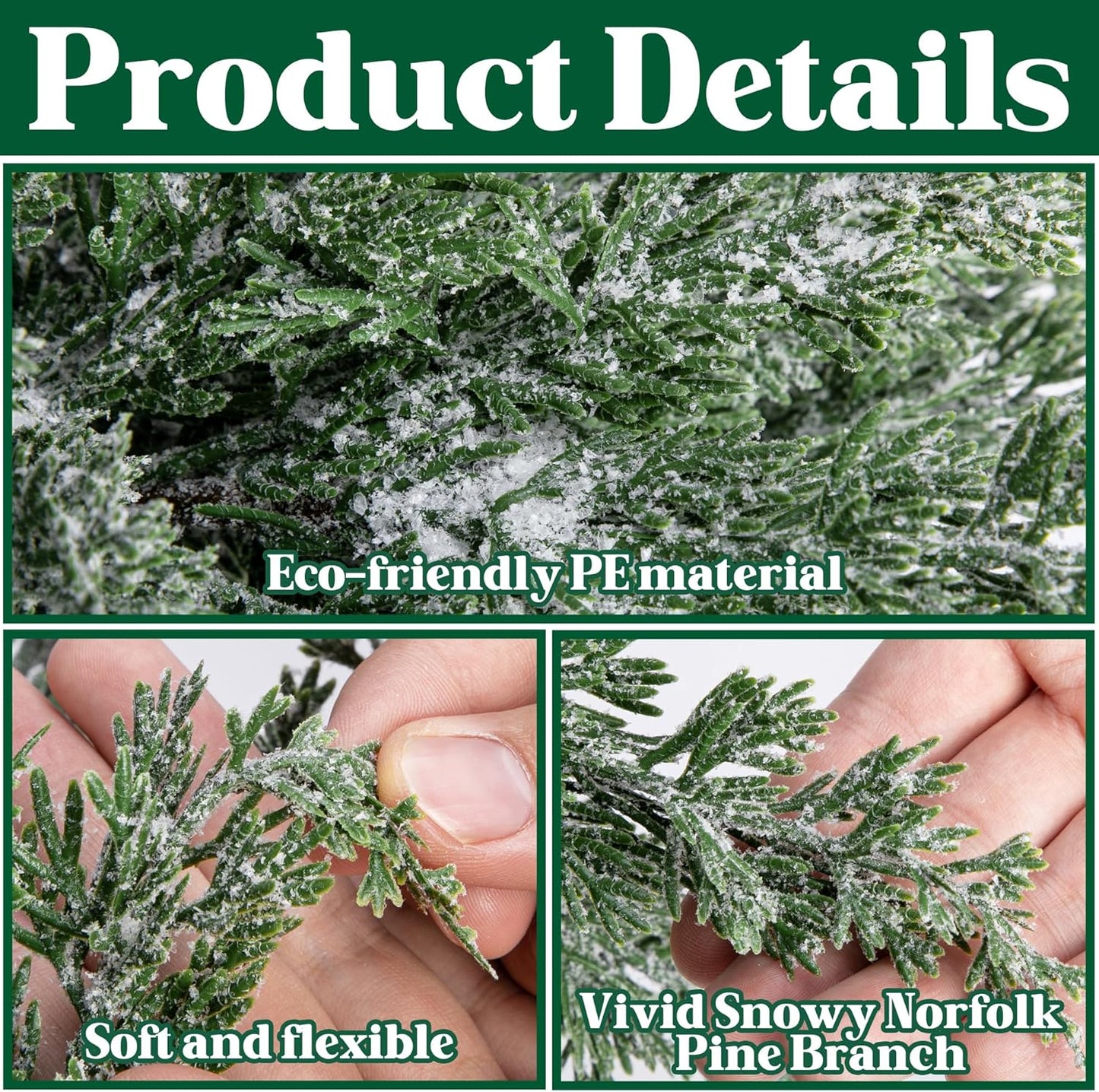 10 Packs 16.5" Artificial Christmas Snow Pine Branches, Snow Flocked Faux Greenery Norfolk Pine Sprigs Cypress Stems, White Frosted Fake Foliage Pine Needle Picks for DIY Craft Garland Home Decor