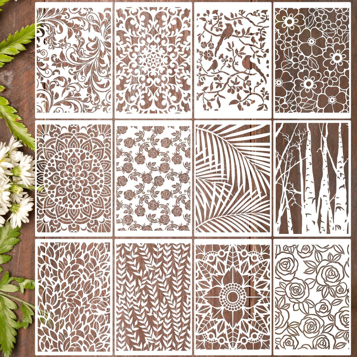 Stencils for Crafts Reusable Texture Stencils Background Stencil Leaf Floral Templates for Painting on Wood Furniture Card Canvas Paper Scrapbook