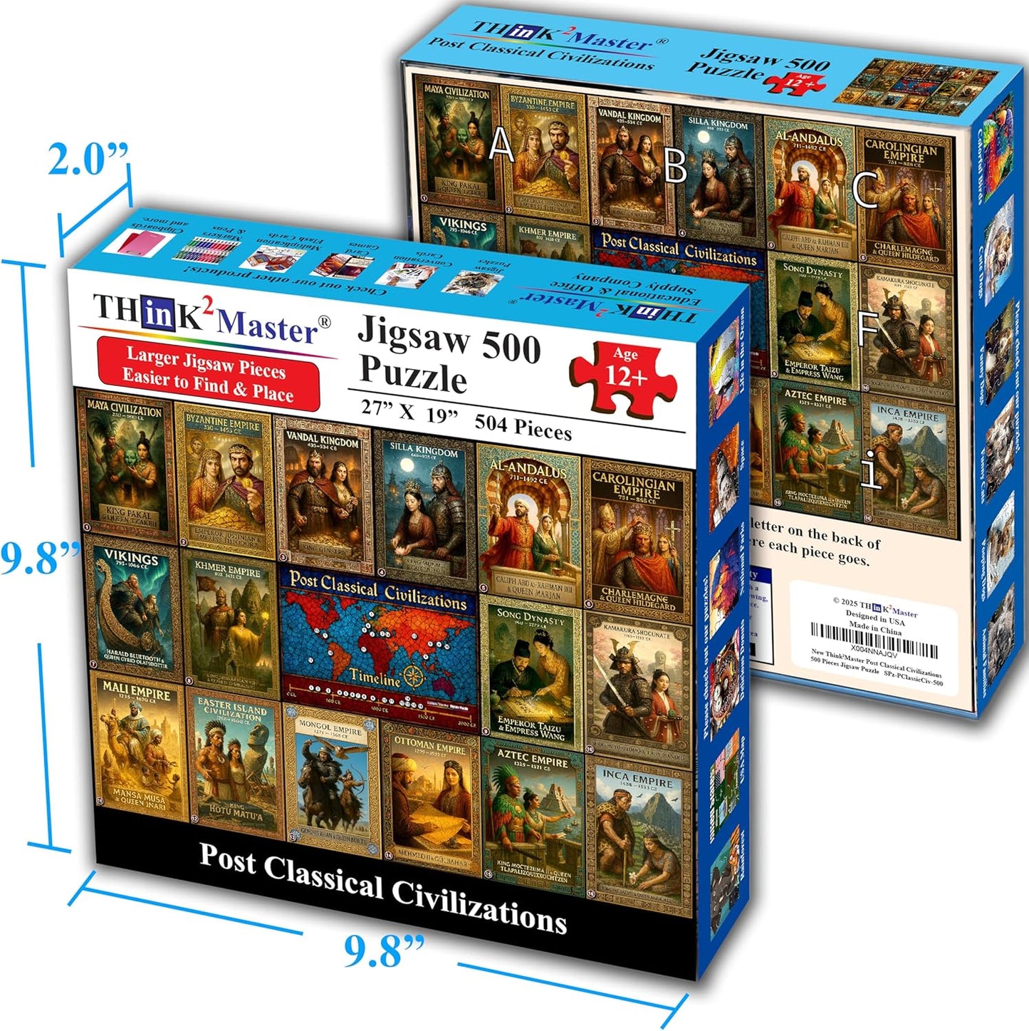 Think2Master Colorful Post Classical Civilization 500 Pieces Large Format Jigsaw Puzzle: Kids 12+, Teens, Adults & Families. Great Gift with Historical Timeline & World Map. Size: 26.8” X 18.9”