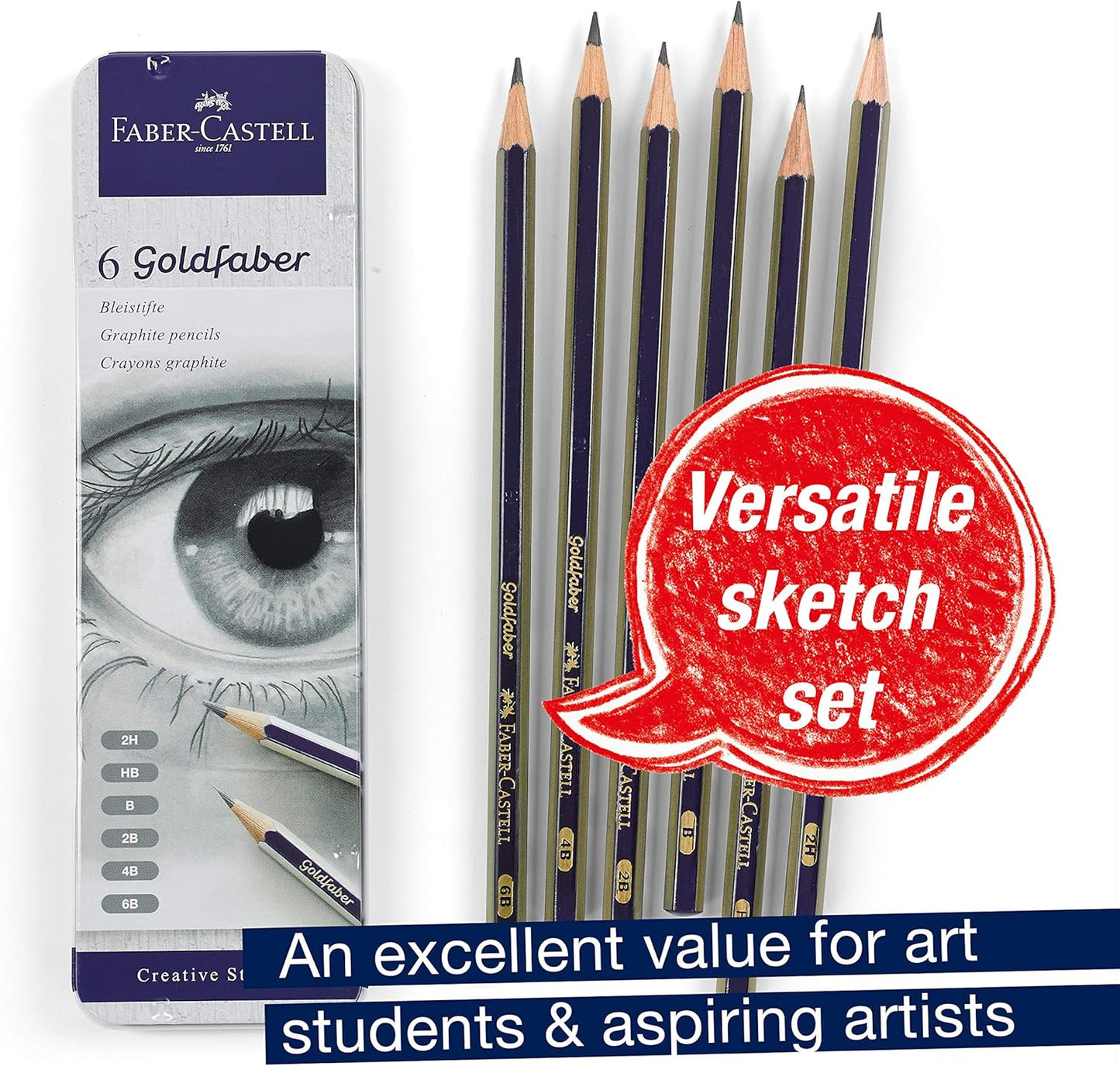 Faber-Castell Graphite Sketch Pencil Set - 6 Graphite Pencils (2H, HB, B, 2B, 4B, 6B), Drawing Pencils and Sketching Supplies