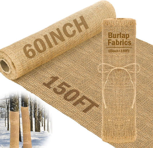 Buryeah 60 Inch x 150 ft Burlap Fabrics Roll Natural Jute Burlap Garden Tree Wrap Outdoor Weed Barrier DIY Fall Halloween Craft Winter Frost Plant Landscape Blankets Cloth for Plant Gardening Shrubs