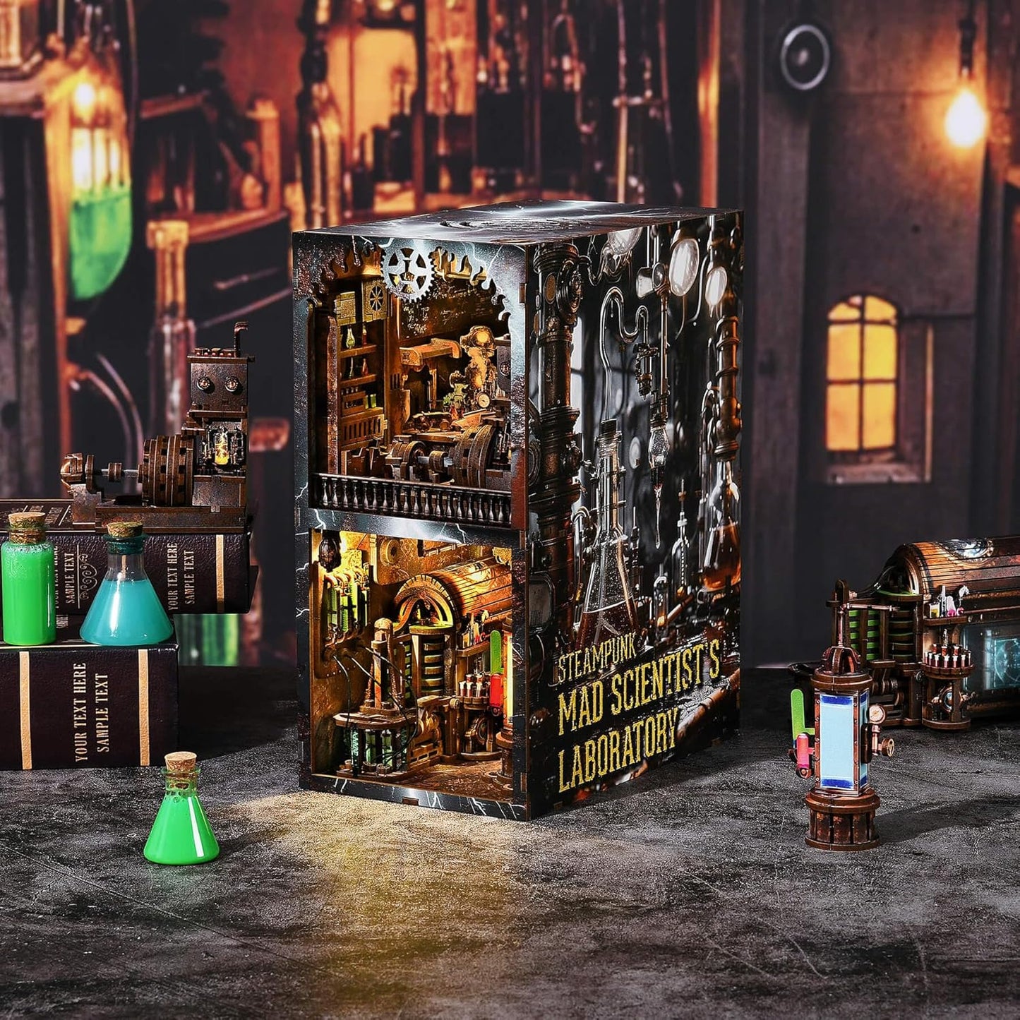 Book Nook Kit, Steampunk DIY Booknook Kits for Adults and Teens, 3D Wooden Puzzle Bookend Miniature Dollhouse Kit Creative Bookshelf Insert Decor with LED Light (Mad Scientist's Lab)