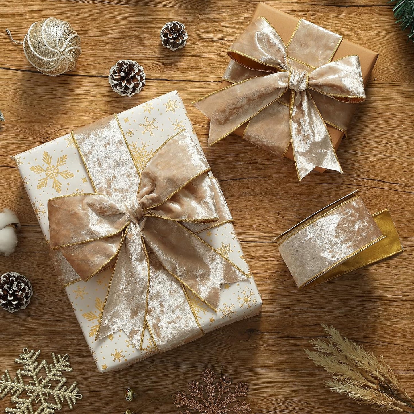 Champagne Christmas Velvet Ribbon Wired (2.5" × 15 Yards) - Christmas Ribbon for Christmas Tree Decoration/Gift Wrapping/Crafts Wreaths Supplies