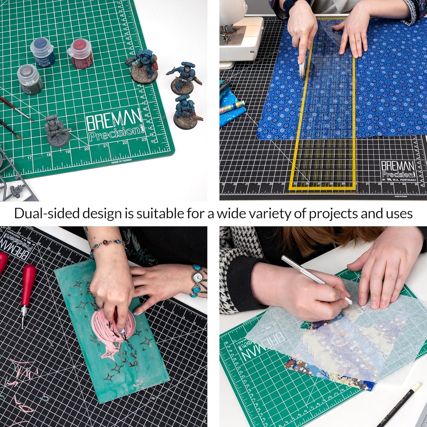 Breman Precision 12x18 & 18x24 Inch Self Healing Cutting Mat - 2 Pack Green/Black Cutting Mats for Crafts, Sewing, Quilting & DIY Projects - 2-Sided 5-Ply PVC - Non-Slip Design with Precise Grid Lines