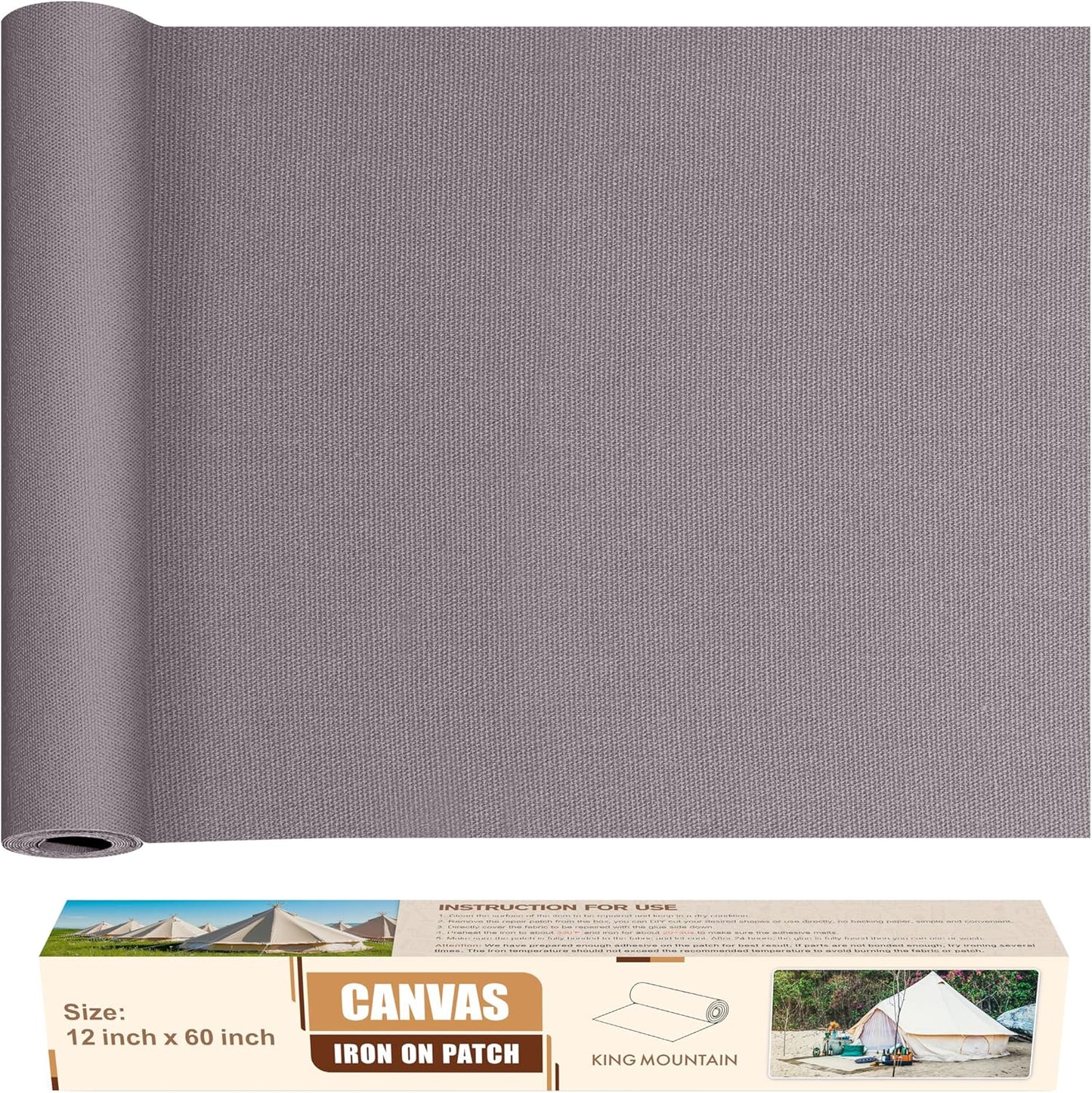 KING MOUNTAIN Canvas Iron on Patch,12"×60",Waterproof 100% Cotton Fabric Repair Patch,Used for Various Sofa,Tent,Clothes,Seats,Suitcases (Light Gray,Waterproof)