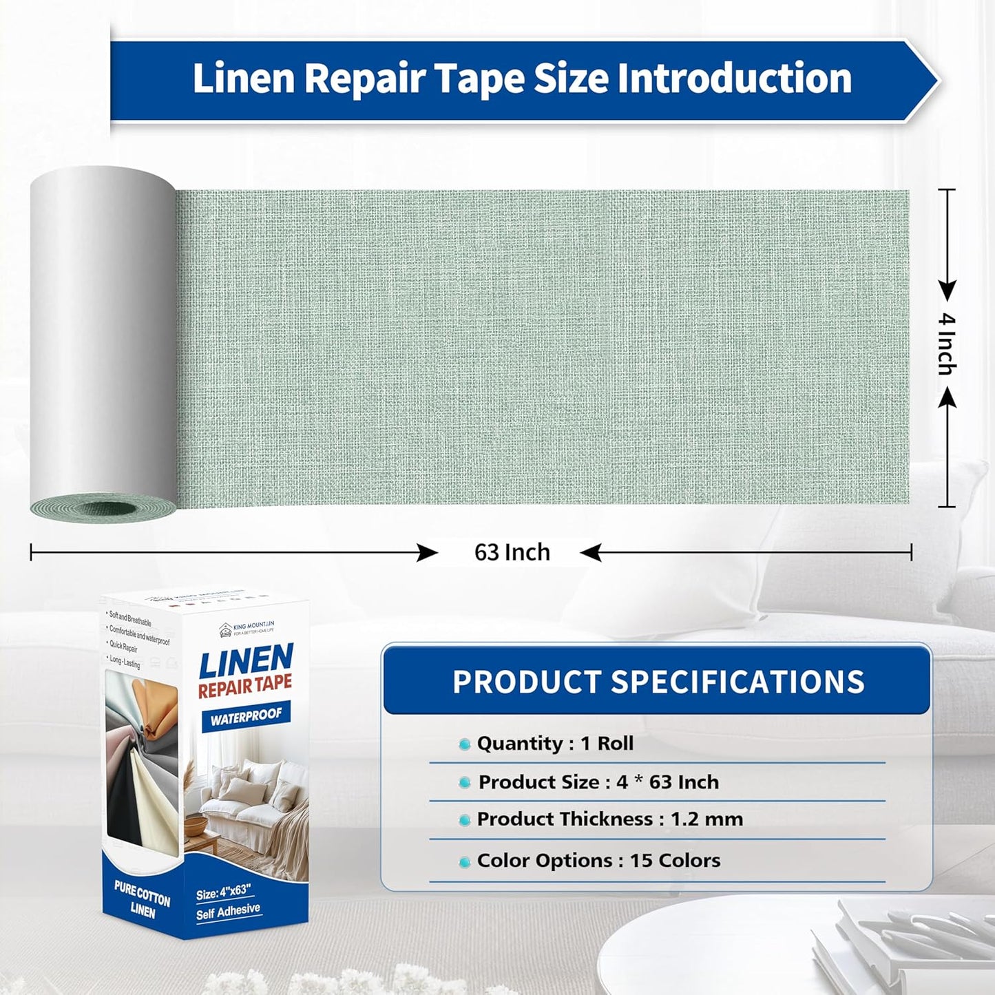 KING MOUNTAIN Linen Repair Patches, Self-Adhesive Linen Fabric Patches, 4 X 63 inch Extra Size, Multi Color, Can be Used for Linen Sofa Repair and Linen Clothes Repair (Light Green)