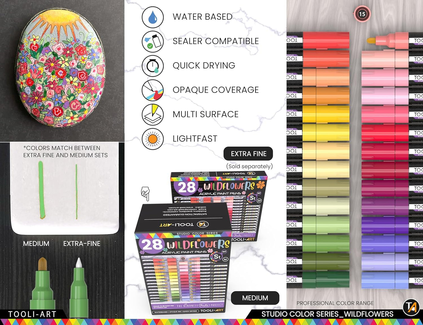 28 Wildflower Colors Acrylic Paint Pens Studio Color Series Markers Set 3mm Medium Tip, Rock Painting, Glass, Mugs, Wood, Metal, Canvas, DIY Projects, Detailing. Non Toxic, Waterbased, Quick Drying