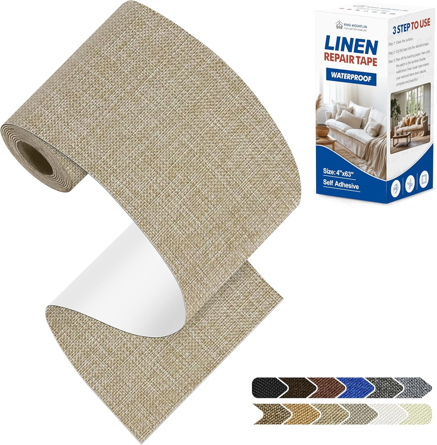 KING MOUNTAIN Linen Repair Patches, Self-Adhesive Linen Fabric Patches, 4 X 63 inch Extra Size, Multi Color, Can be Used for Linen Sofa Repair and Linen Clothes Repair (Cocoa Color)