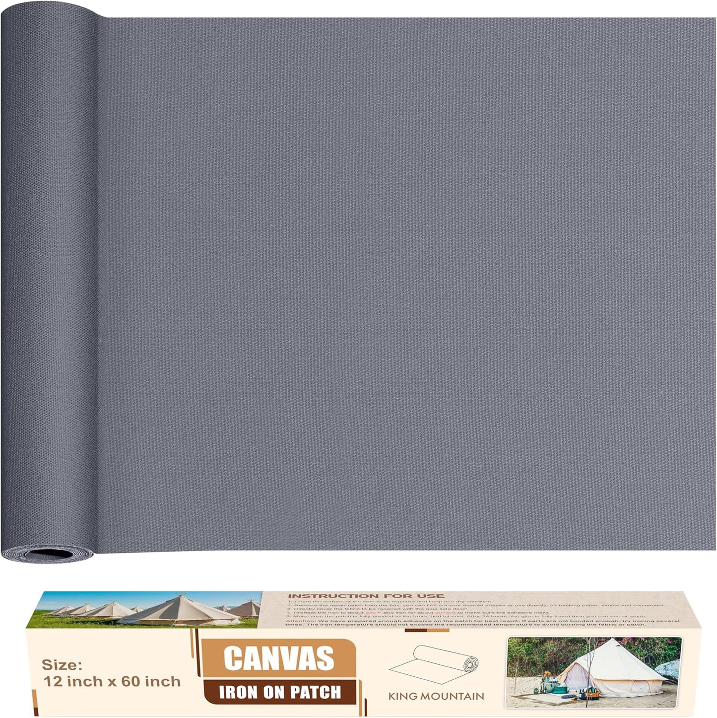 KING MOUNTAIN Canvas Iron on Patch,12"×60",Waterproof 100% Cotton Fabric Repair Patch,Used for Various Sofa,Tent,Clothes,Seats,Suitcases (Grey1.0,Waterproof)