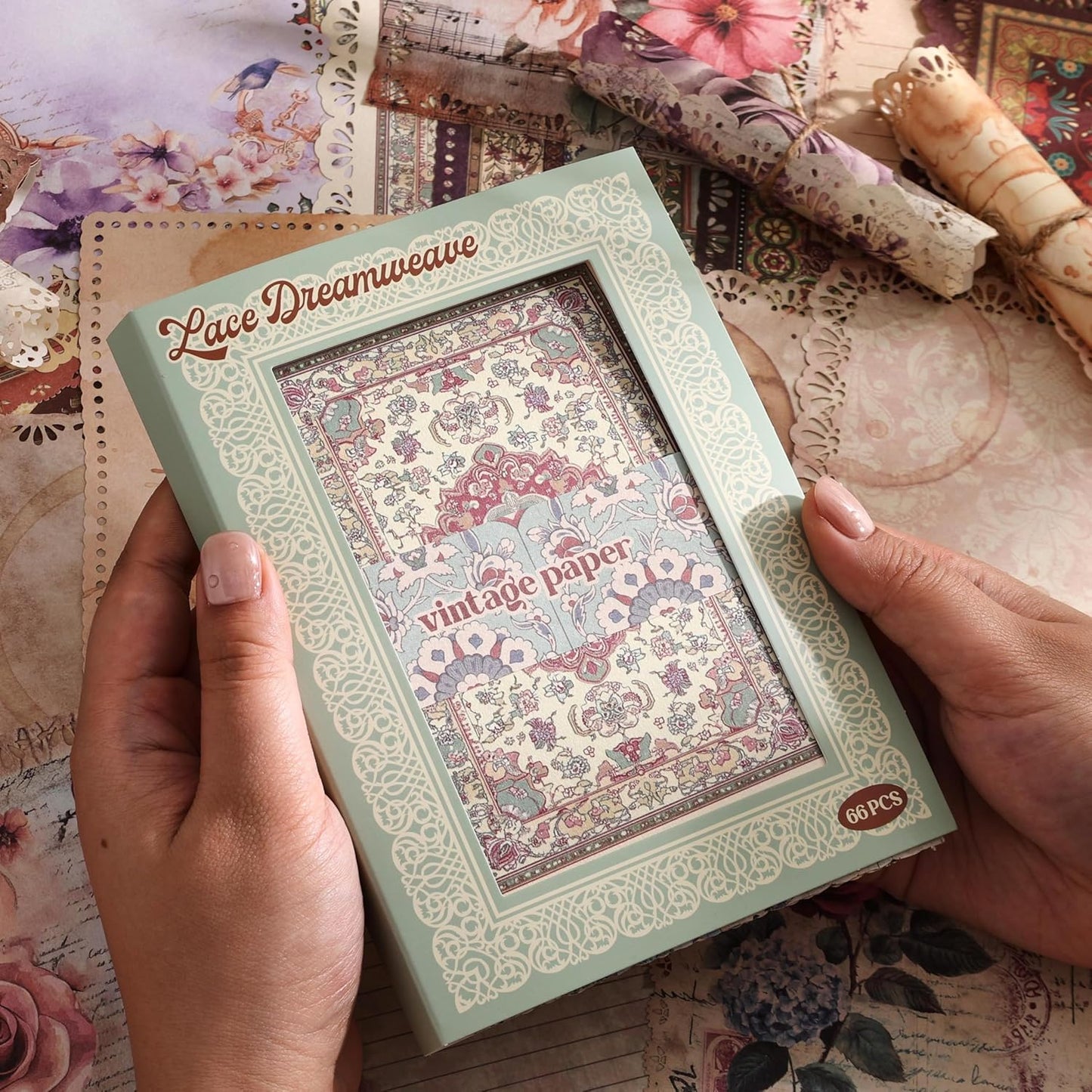 66 Sheets Lace Edged Scrapbook Paper Set, 6 Packs Vintage Decorative Paper Scrapbooking Supplies for Letter Writing Background Stationery Ephemera for Junk Journaling, DIY Art Collage 4.9x6.9 IN