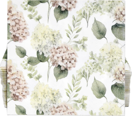 100 Pcs Hydrangea Scatter Floral Cocktail Beverage Napkins Hydrangeas Flowers Disposable Paper Dessert Napkin for Spring Summer Birthday Party Supplies