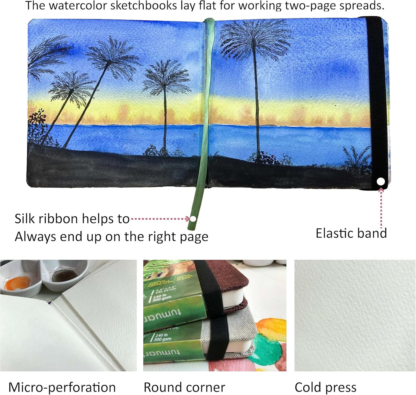 tumuarta Watercolor Journal,140 LB, 300 GSM, Cotton Paper, Cold Press, 24 Sheets, 48 Pages, Watercolor Paper Sketchbooks for Use As Travel Notebook and Mixed Media Pad, 5.5x5.5