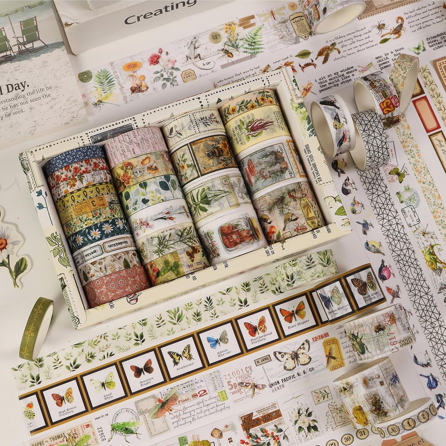 Vintage Washi Tape Set - 24 Rolls Arts Adhesive Tapes Assorted Retro Decorative Masking Tape Sets for Craft, Kids, Scrapbook, DIY, Gift Wrapping (5-Botanical Garden)