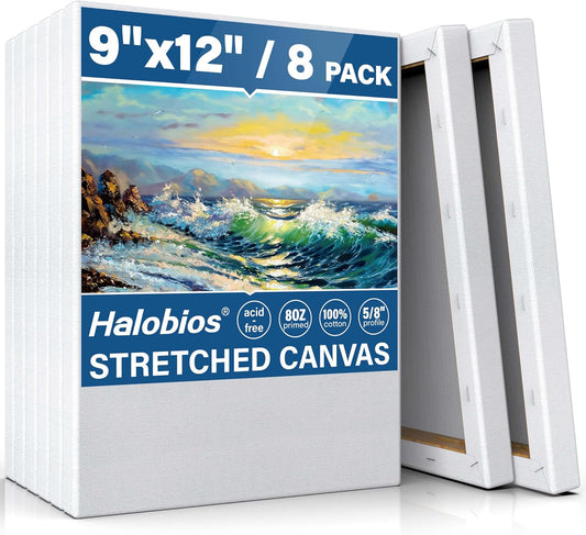 Stretched Canvases for Painting, 8 Packs 9X12 Inch Canvases for Acrylics,Oils & Other Painting Media, 5/8 Inch Profile 100% Cotton Primed Artist Framed Canvas