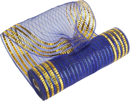 MEEDEE Navy Deco Mesh 10 Inch Deluxe Wide Foil Gold Border Mesh Metallic Mesh Fabric Navy Blue & Gold Mesh Ribbon for Christmas Tree, Wreaths, Garland, Gift Wrapping, Bows Making (30 Feet)