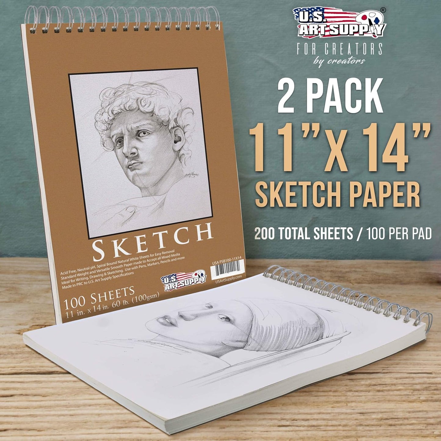 U.S. Art Supply 11"x14" Top Spiral Bound Sketch Book, 2 Pack, 100 Sheets Each, 60lb (100gsm), Acid-Free, Artist Sketchbook, Drawing Pad for Adults & Students