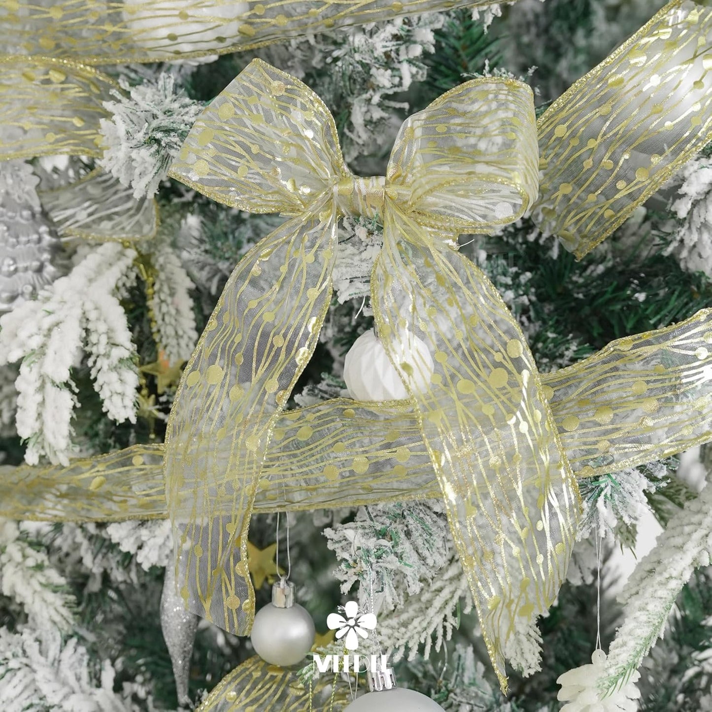 MEEDEE Gold Wired Ribbon - 2.5 Inch Sheer Organza With Horizontal Stripes and Polka Dots - 25 Yards for Gift Wrapping, Garland