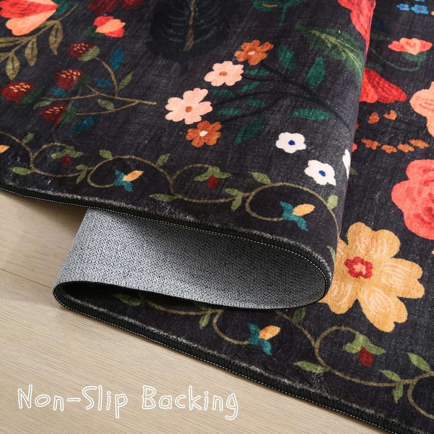 Rugcomf Round Rug 4ft Washable Circle Rug Non Slip Low Pile Boho Floral Small Circular Rug for Bedroom, Bathroom, Entryway, Kids Room, Office, College Dorm(Black)