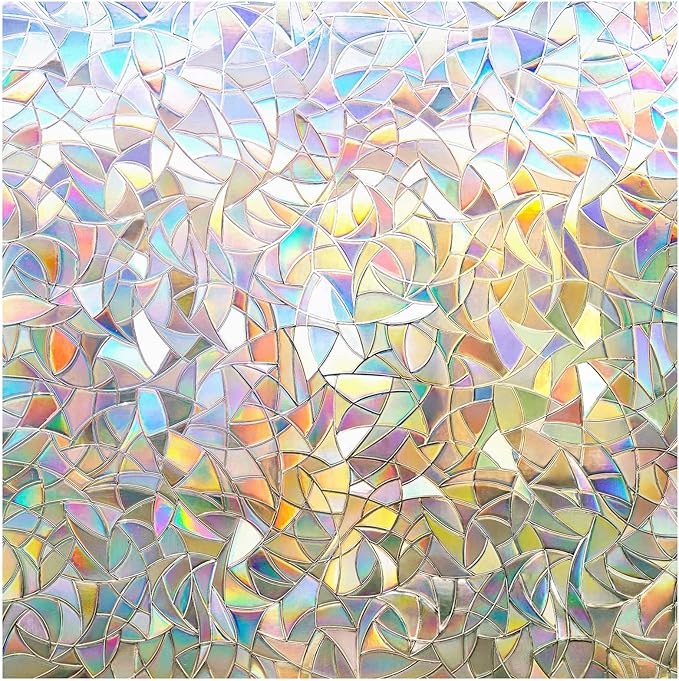 rabbitgoo Window Privacy Film Rainbow Film Decorative Window Sticker, 3D Static Stained Glass Cling Tint for Home Heat Control Non-Adhesive, 23.6 x 118.1 inches