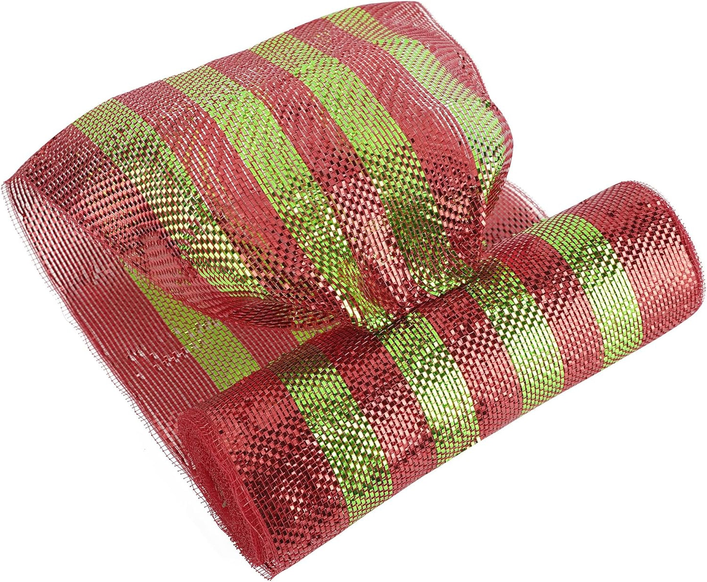 MEEDEE Red and Lime Deco Mesh 10 Inch Deluxe Foil Metallic Striped Deco Mesh Wreath Supplies Red and Green Christmas Mesh Ribbon for Christmas Tree, Garland, Gift Wrapping, Bows Making (30 Feet)