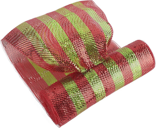 MEEDEE Red and Lime Deco Mesh 10 Inch Deluxe Foil Metallic Striped Deco Mesh Wreath Supplies Red and Green Christmas Mesh Ribbon for Christmas Tree, Garland, Gift Wrapping, Bows Making (30 Feet)