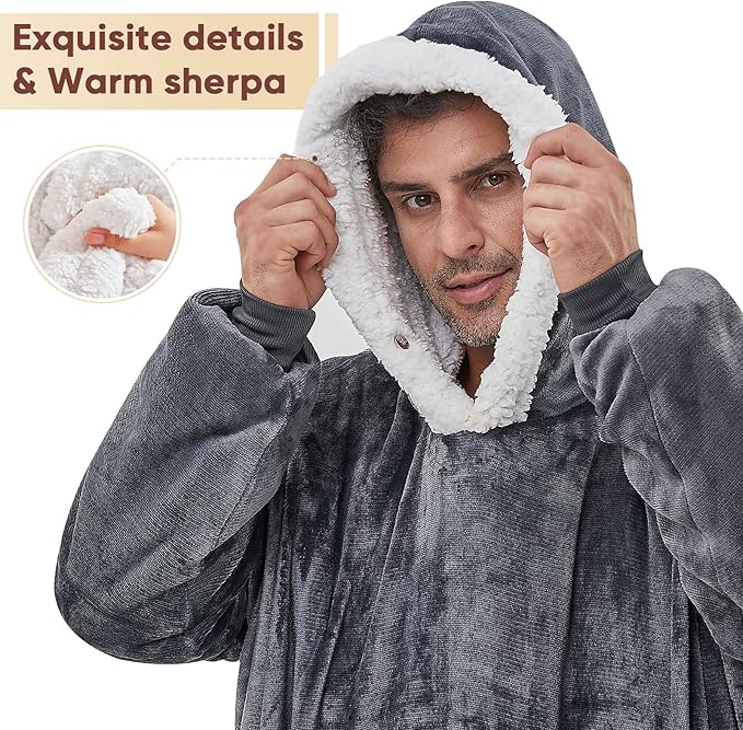 yescool Wearable Blanket Hoodie, Flannel Sherpa Fleece Blanket Sweatshirt for Adults Women Men,One Size Fits All