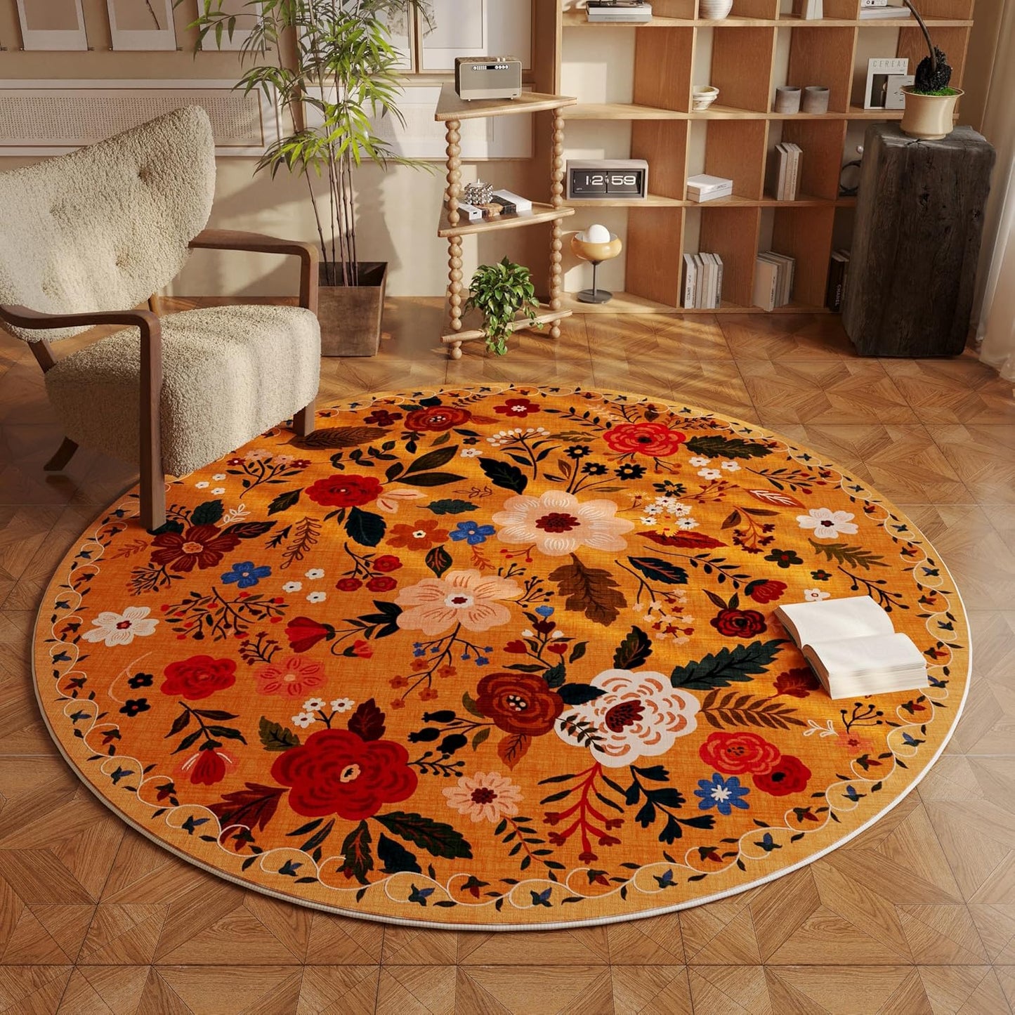 Rugcomf Round Rug 4ft Washable Circle Rug Non Slip Low Pile Boho Floral Small Circular Rug for Bedroom, Bathroom, Entryway, Kids Room, Office, College Dorm(Yellow)