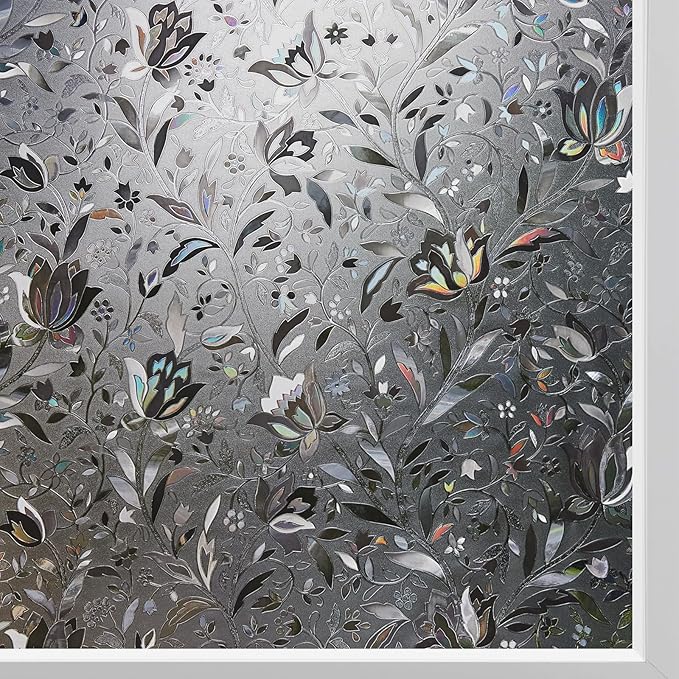 Kromapolis Window Film, Window Privacy Film Frosted, Vinyl Glass Covering, Stained Glass Decorative Film, Static Window Clings, Non-Adhesive (Grayish Black, 23.6 x 157.4 inch)
