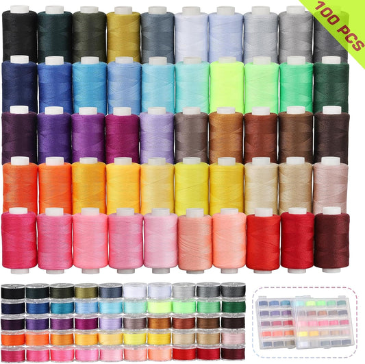 Blibly 100pcs Bobbins Sewing Threads Kit, 500 Yard Polyester Threads, Prewound Bobbins with Case, 50 Colors