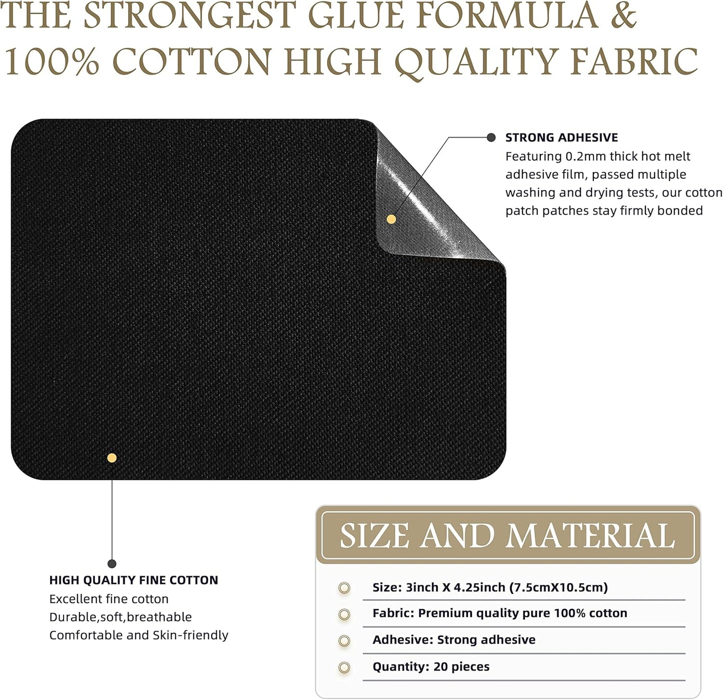 KING MOUNTAIN Iron-on Repair Patch 20 Pcs Pack,100% Cotton Iron-on Repair Patch,3" x4-1/4 with Back Glue Fabric Repair Kit,Repair Denim, Clothes and Fabric (Black1.0)