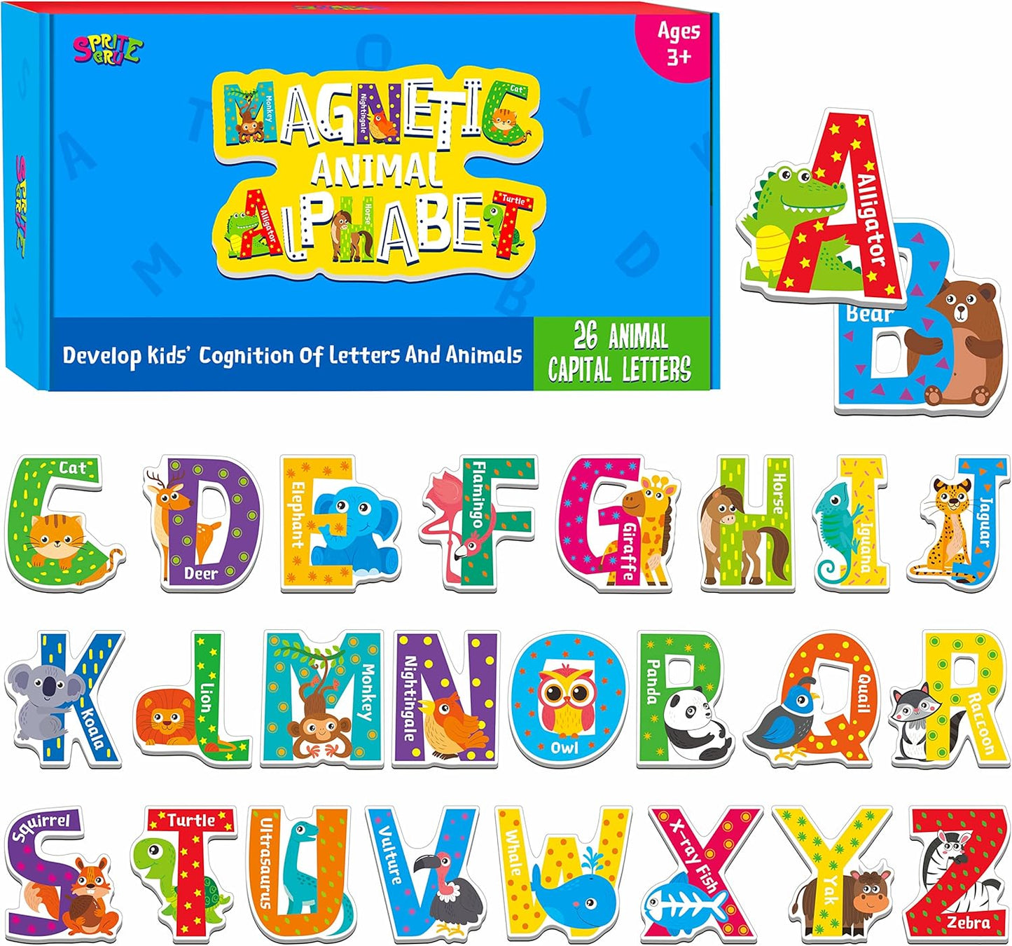 26 Magnetic Alphabet, Uppercase Letters with Adorable Zoo Animal Alphabet ABC Fridge Magnets Educational Spelling Learning Games Toys Set for Kids, Toddlers 3 4 5 Years Old