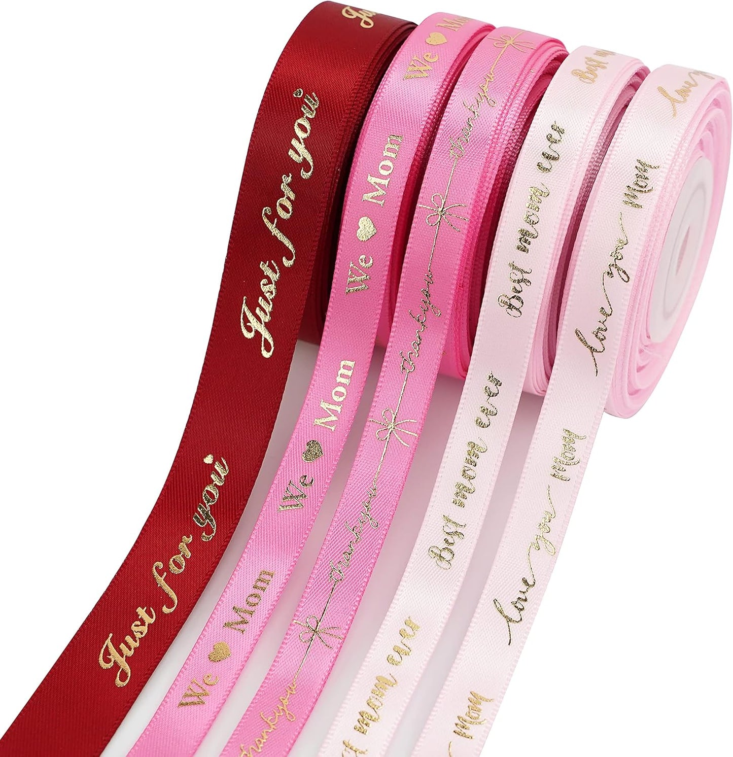 MEEDEE Pink Ribbon for Gift Wrapping Thank You Just for You Ribbon Mothers Day Gift Box Double Face Satin Assortment Thin Pink Satin Fabric, 5 Rolls 10 Yards Each Total 50 Yards