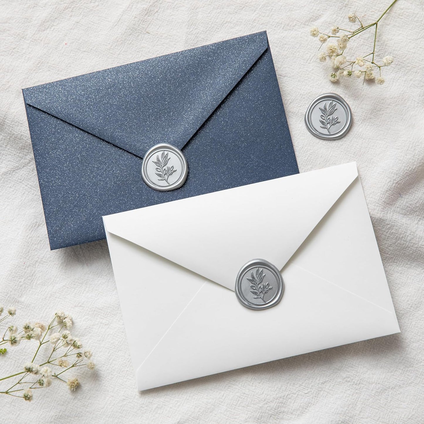 PONATIA Silver Wax Seal Stickers -50pcs Eucalyptus Self- Adhesive Wedding Seal Stickers, Perfect for Invitation Cards, Envelopes, Christmas Cards, Gift Wrapping, Party Decor