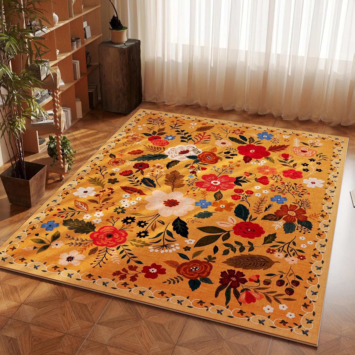 Rugcomf Area Rug 4x6 Rug Washable Boho Rugs Non Slip Low Pile Floral Small Carpet for Bedroom, Bedside, Kids Room, Office, Dining Room(Yellow)