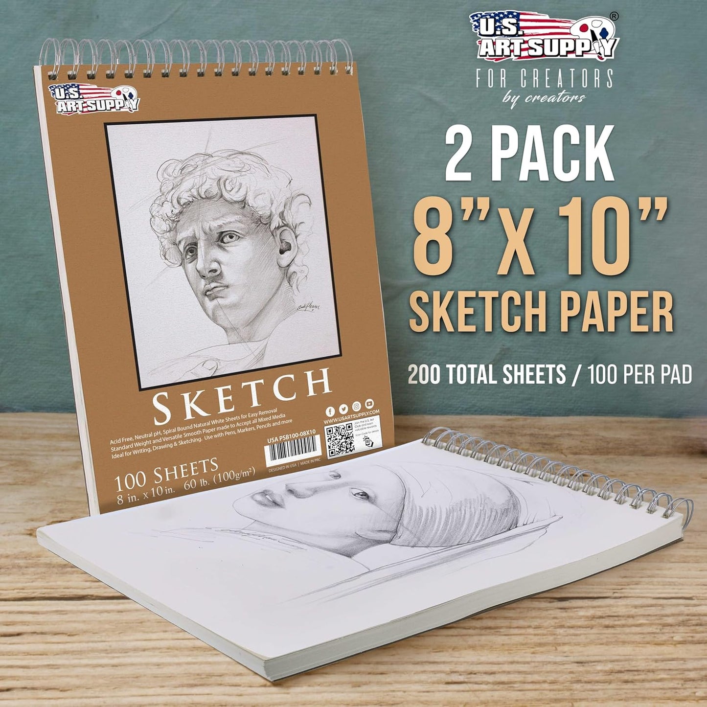 U.S. Art Supply 8"x10" Top Spiral Bound Sketch Book, 2 Pack, 100 Sheets Each, 60lb (100gsm), Acid-Free, Artist Sketchbook, Drawing Pad for Adults & Students