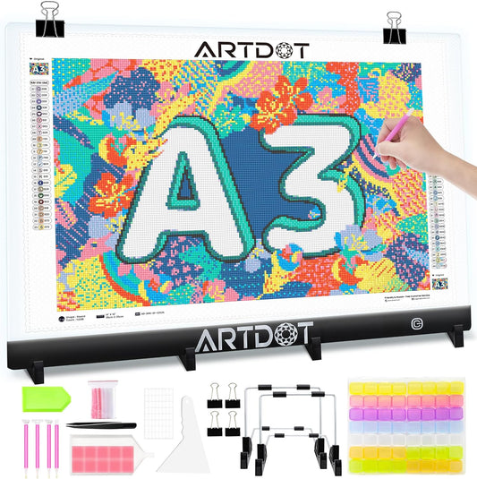 ARTDOT A3 LED Light Pad for Diamond Art Kits for Adults, USB Powered Light Board Kit, Adjustable Brightness with Diamond Painting Tools Detachable Stand and Clips