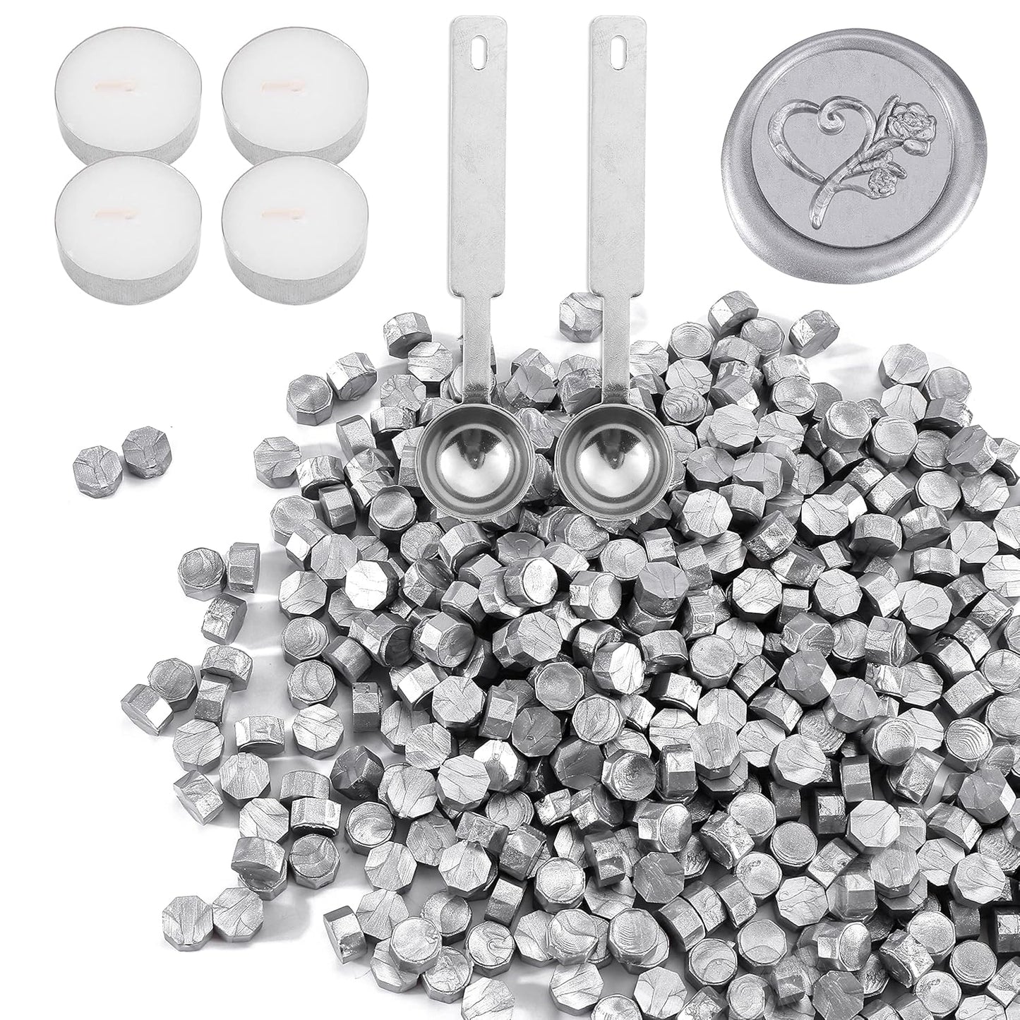 Yoption 360 Pcs Silver Octagon Sealing Wax Beads for Wax Seal Stamp with 4 Candles and 1pcs Melting Spoon