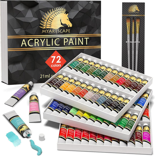 MyArtscape Acrylic Paint Set - 72 x 21ml Tubes with 3 Paint Brushes Art Supplies - Artist Quality Paints - Lightfast - Heavy Body - Highly Pigmented Colors with Great Coverage - Professional Art