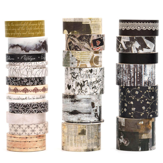 Vintage Washi Tape Set - 24 Rolls Arts Adhesive Tapes Assorted Retro Decorative Masking Tape Sets for Craft, Kids, Scrapbook, DIY, Gift Wrapping (9-Monochrome Mood)