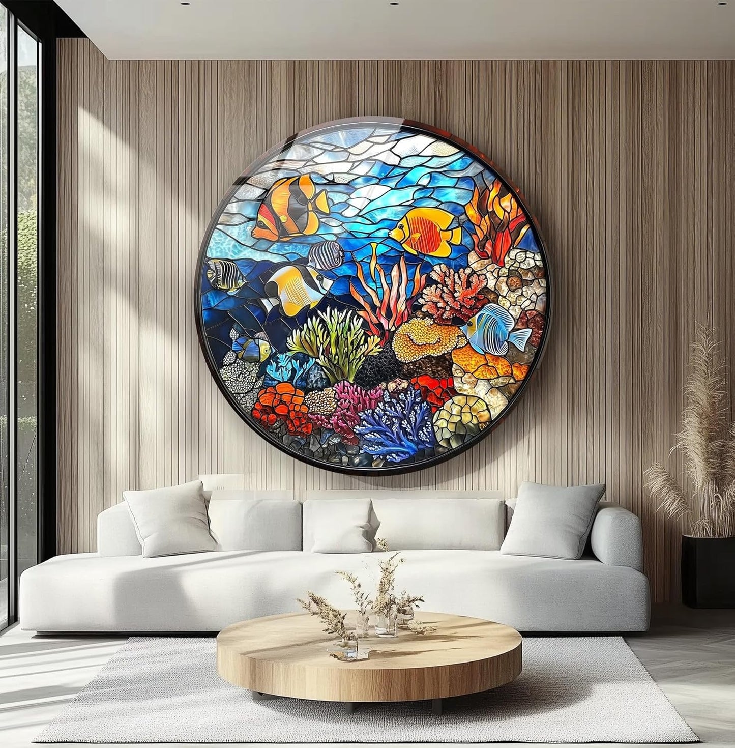 My Photostation.com 24''(60cm) Diameter Coral Reef Mosaic Round Glass Wall Art Tempered Glass Printing Wall Decor Large Wall Art Wall Hangings