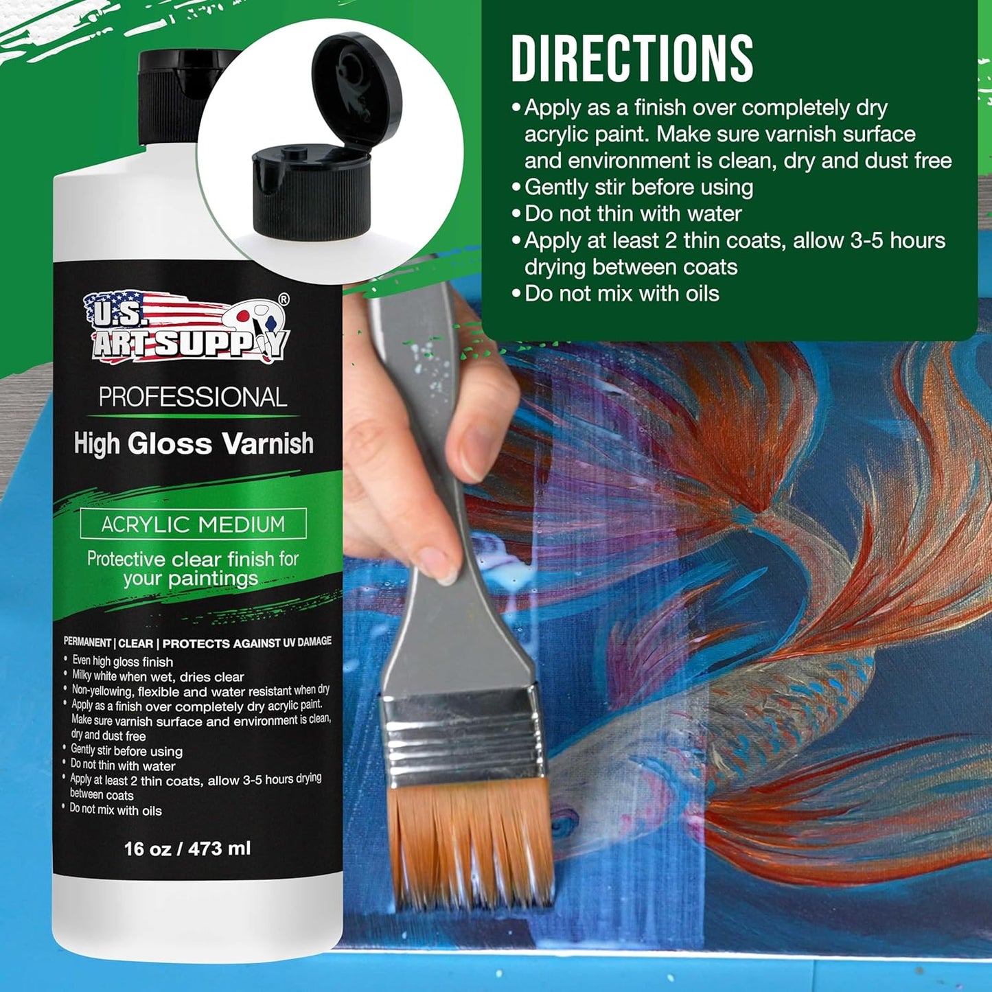 U.S. Art Supply 16 oz High Gloss Varnish for Acrylic Paintings - Clear Protective Finish with UV Protection