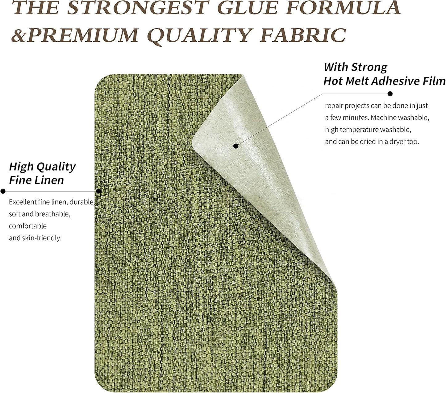King Mountain Premium Linen Fabric Iron-on Repair Patch Kit, 3"x60" with Backing Glue, Decorative Patch for Inside & Outside Fabric Repair (Linen, Grass Green)