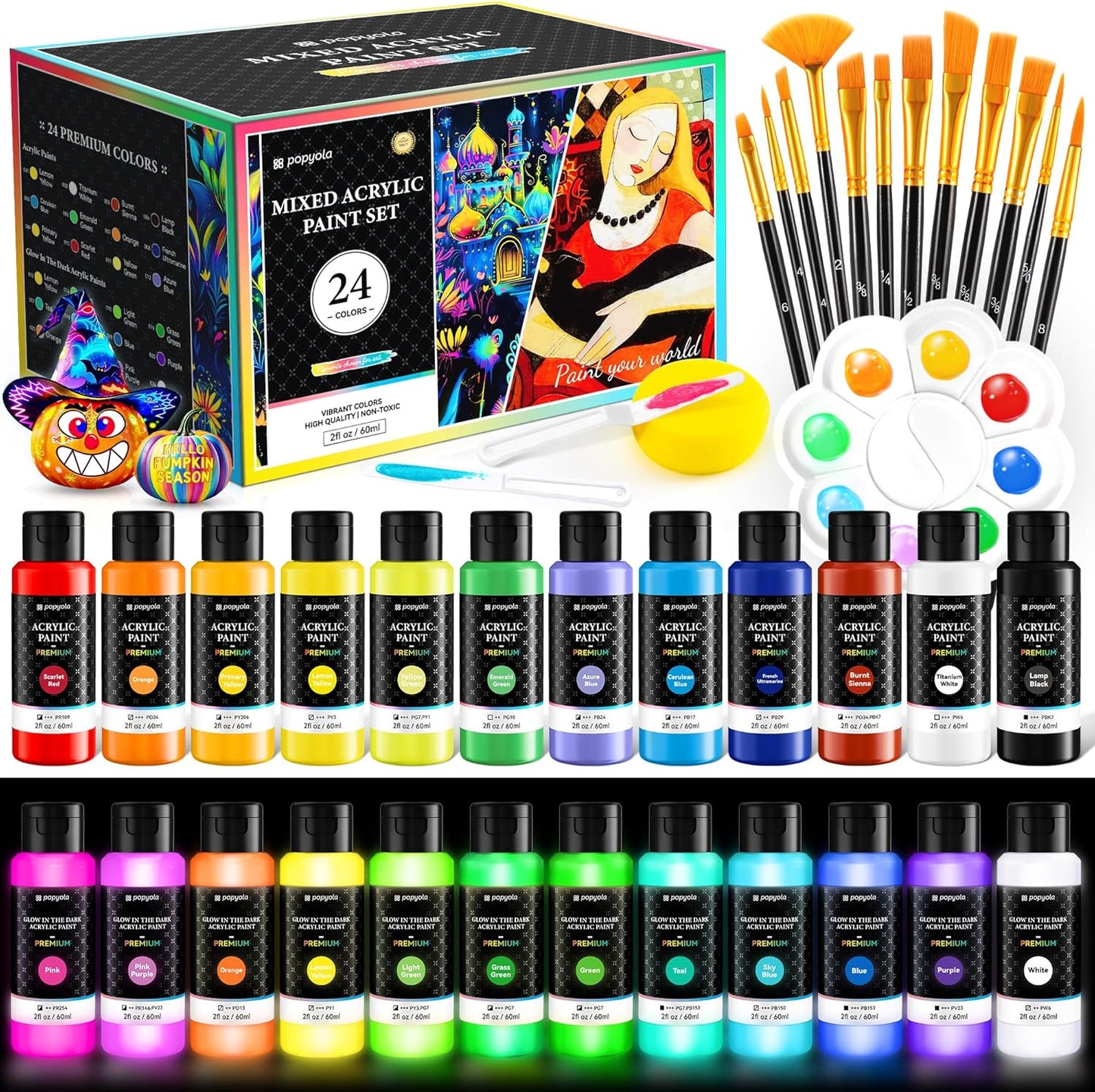 40 PCS Classic & Glow in the Dark Acrylic Paint Set with 12 Brushes, 2 Knives & Palette, 24 Colors Art Craft Paint for Beginners, Halloween Pumpkin Canvas Ceramic Rock Painting Kit
