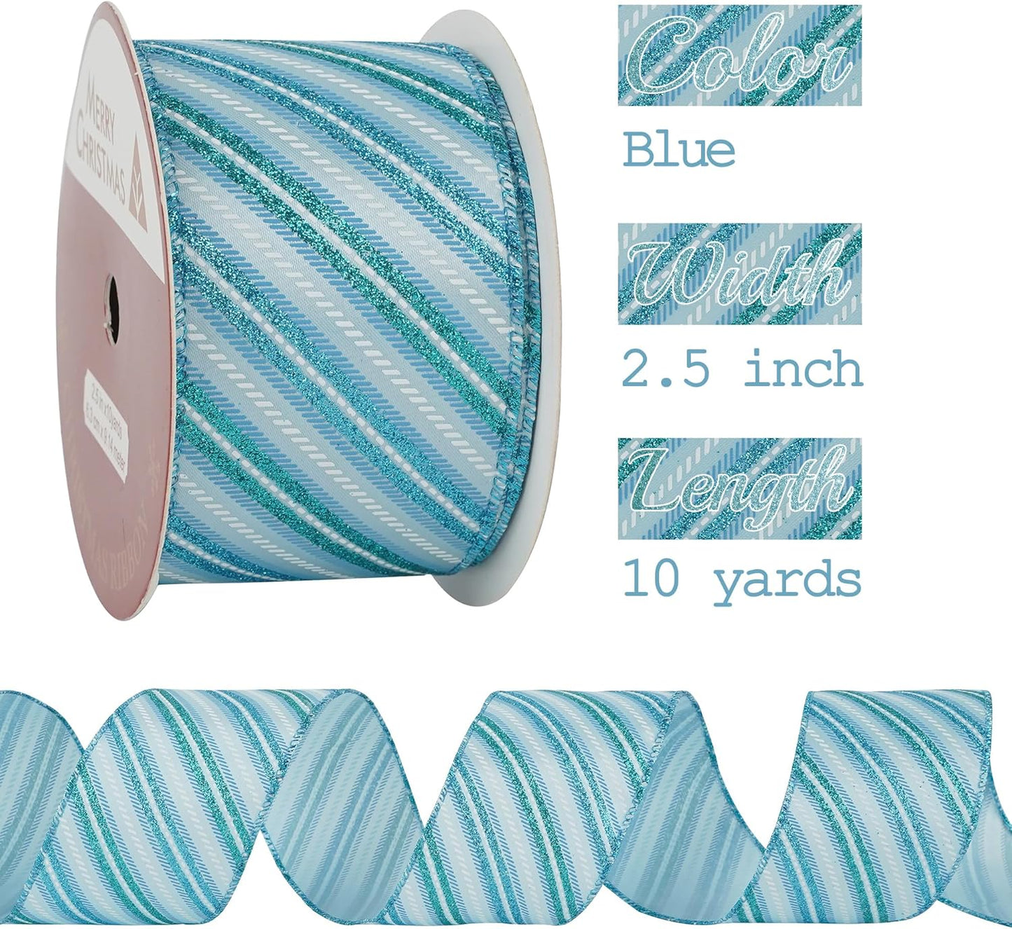MEEDEE Blue Diagonal Stripe Ribbon 2.5 Inch Blue Satin with Turquoise and Teal Glitter Wired Ribbon for Wreath Bow, Topper Bow, Tree, Garlands (10 Yards)